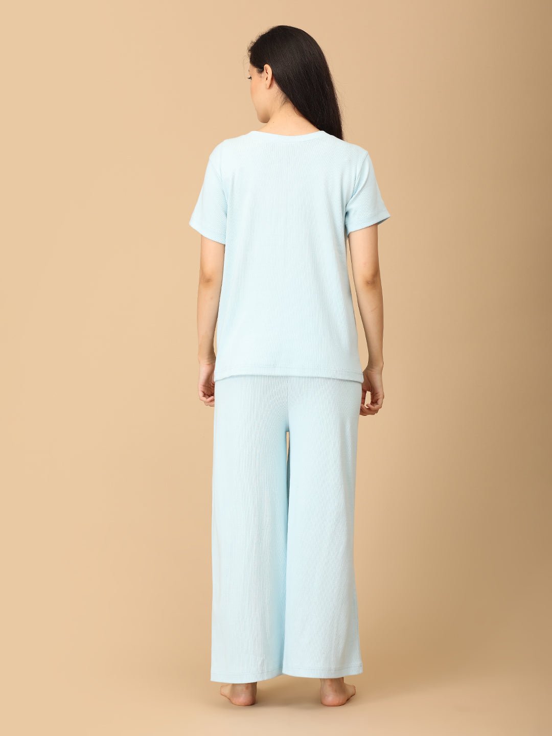Back view of The Mom Store Frosted Fluff maternity and nursing nightwear set in pastel blue, full-length comfort wear.