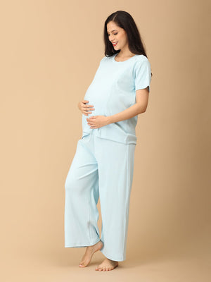 The Mom Store maternity sleepwear set with nursing access, soft blue cotton comfort for pregnancy and postpartum