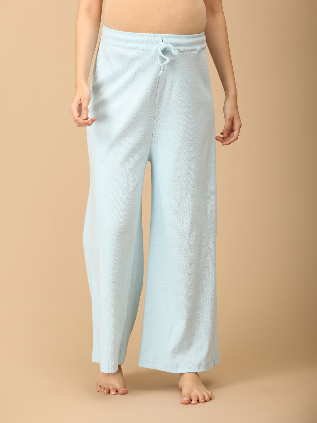 The Mom Store maternity nightwear pants in soft blue with adjustable drawstring, breathable cotton fabric.