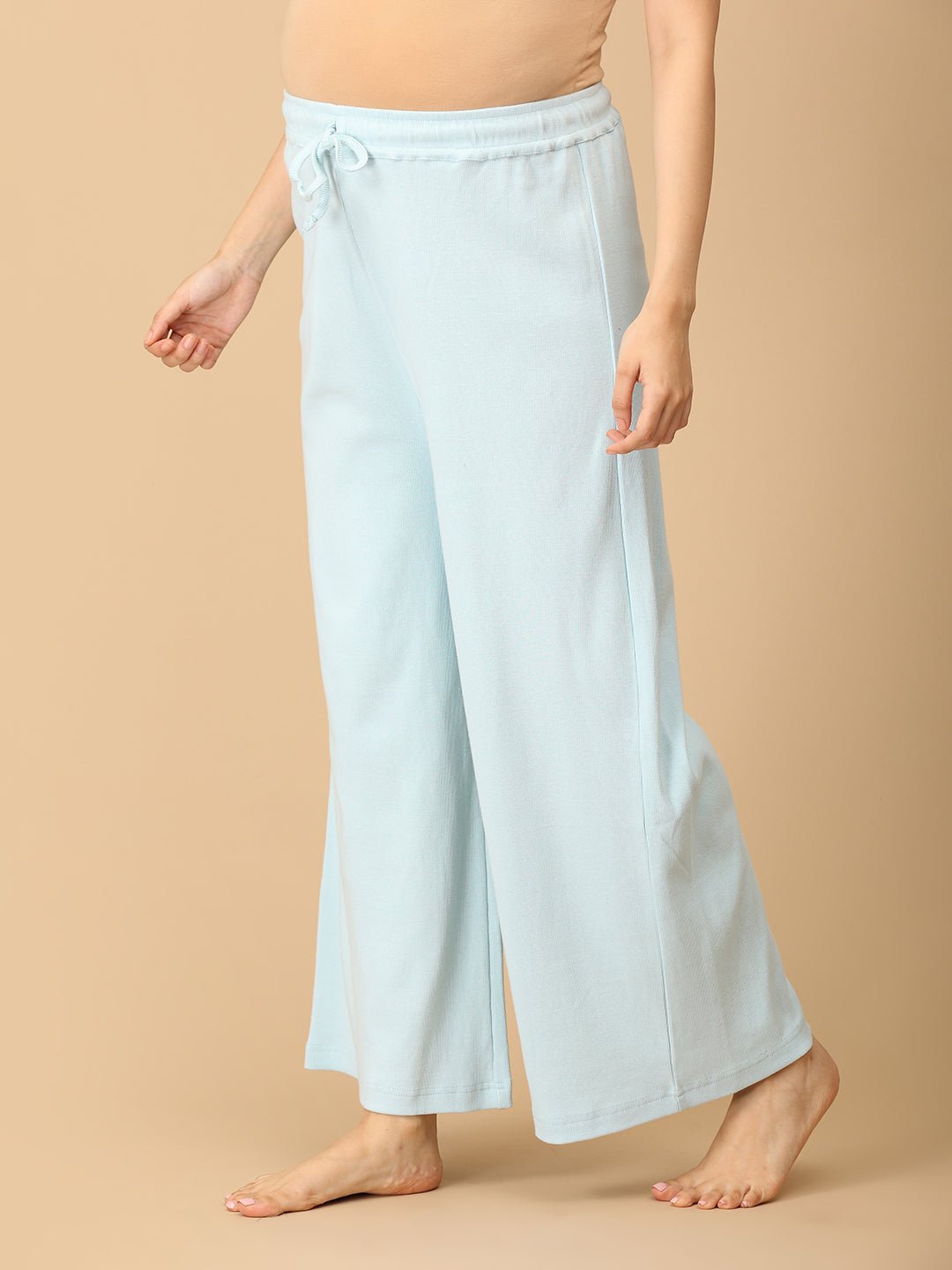 The Mom Store maternity nightwear pants in soft blue with adjustable drawstring, breathable cotton fabric Left View