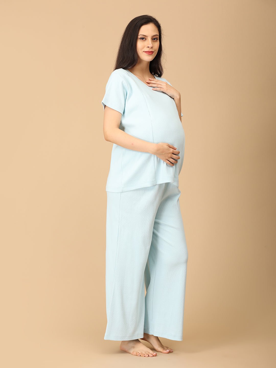 The Mom Store maternity sleepwear set with nursing access, soft blue cotton comfort for pregnancy and postpartum