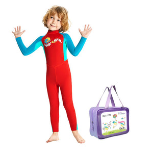Full Length Dive Red & Teal Green Printed Kids Swimwear In Upf 50+ Fabric with Free Washbag - 3 - 4 Years Swim