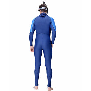 Full - Length Navy Blue Hood & Stirrup Foot Loop, Teens and Mens Swimwear in UPF 50+ with Free Washbag - M Swim