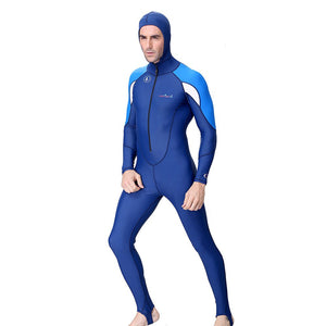 Full - Length Navy Blue Hood & Stirrup Foot Loop, Teens and Mens Swimwear in UPF 50+ with Free Washbag - M Swim
