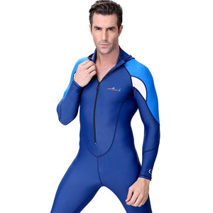 Full - Length Navy Blue Hood & Stirrup Foot Loop, Teens and Mens Swimwear in UPF 50+ with Free Washbag - M Swim