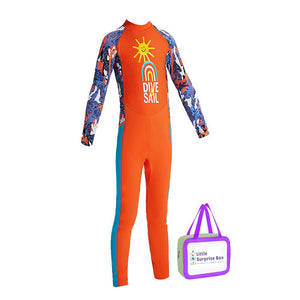 Full Sleeves Kids Swimwear Bright Orange & Blue Sunshine Printed Full Length, UPF 50+ with Free Washbag - 3 - 4 Years Swim