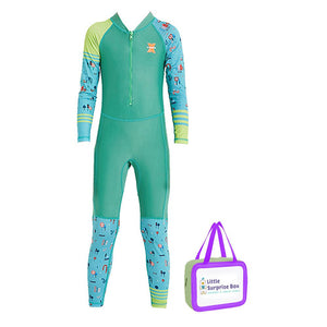 Full Sleeves Kids Swimwear Light Green & Dark Green Transport theme, UPF 50+ with Free Washbag - 3 - 4 Years Swim
