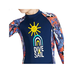 Full Sleeves Kids Swimwear Navy Blue & Orange Sunshine Printed Full Length, with UPF 50+ - Little Surprise BoxFull Sleeves Kids Swimwear Navy Blue & Orange Sunshine Printed Full Length, with UPF 50+