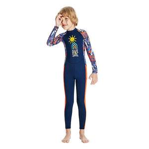 Full Sleeves Kids Swimwear Navy Blue & Orange Sunshine Printed Full Length, with UPF 50+ - Little Surprise BoxFull Sleeves Kids Swimwear Navy Blue & Orange Sunshine Printed Full Length, with UPF 50+