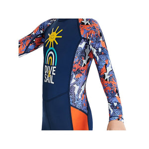 Full Sleeves Kids Swimwear Navy Blue & Orange Sunshine Printed Full Length, with UPF 50+ - Little Surprise BoxFull Sleeves Kids Swimwear Navy Blue & Orange Sunshine Printed Full Length, with UPF 50+