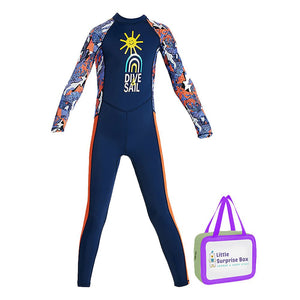 Full Sleeves Kids Swimwear Navy Blue & Orange Sunshine Printed Full Length, UPF 50+ with Free Washbag - 3 - 4 Years Swim