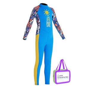 Full Sleeves Kids Swimwear Sky Blue & Yellow Sunshine Printed Full Length, with UPF 50+ with Free Washbag - 3 - 4 Years Swim
