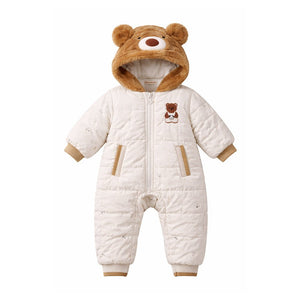 Furry Bear Winter Full Sleeves Jumpsuit Hoodie Romper for Tiny Toddlers - 3 - 6 Months Winter Wear