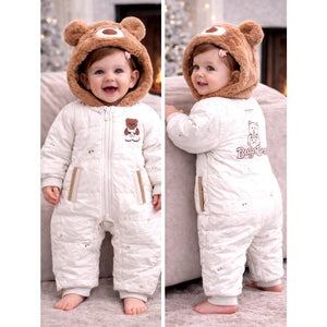 Furry Bear Winter Full Sleeves Jumpsuit Hoodie Romper for Tiny Toddlers - 3 - 6 Months Winter Wear