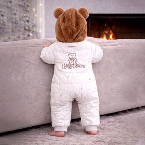 Furry Bear Winter Full Sleeves Jumpsuit Hoodie Romper for Tiny Toddlers - 3 - 6 Months Winter Wear