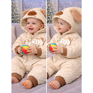Furry Dog Ear Winter Full Sleeves Jumpsuit Hoodie Romper for Tiny Toddlers - 3 - 6 Months Winter Wear