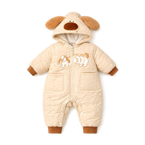 Furry Dog Ear Winter Full Sleeves Jumpsuit Hoodie Romper for Tiny Toddlers - 3 - 6 Months Winter Wear