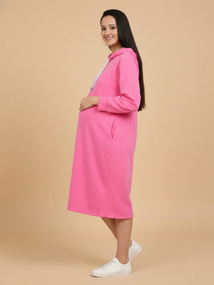 Future Is Fuchsia Maternity and Nursing Hoodie Dress - Pink Maternity Winter Dress