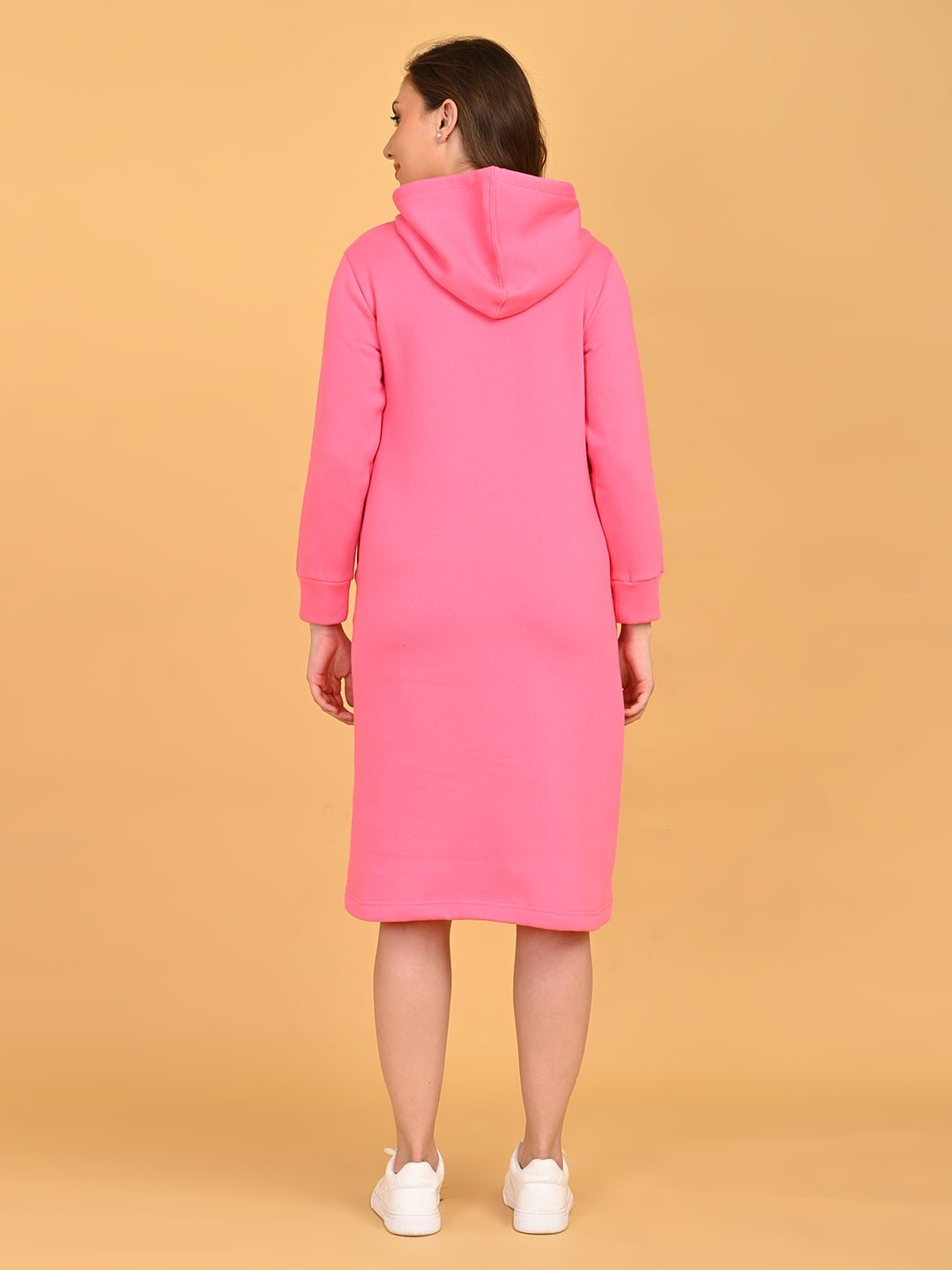 Back view of fuchsia maternity hoodie dress showing hood and knee-length straight silhouette.