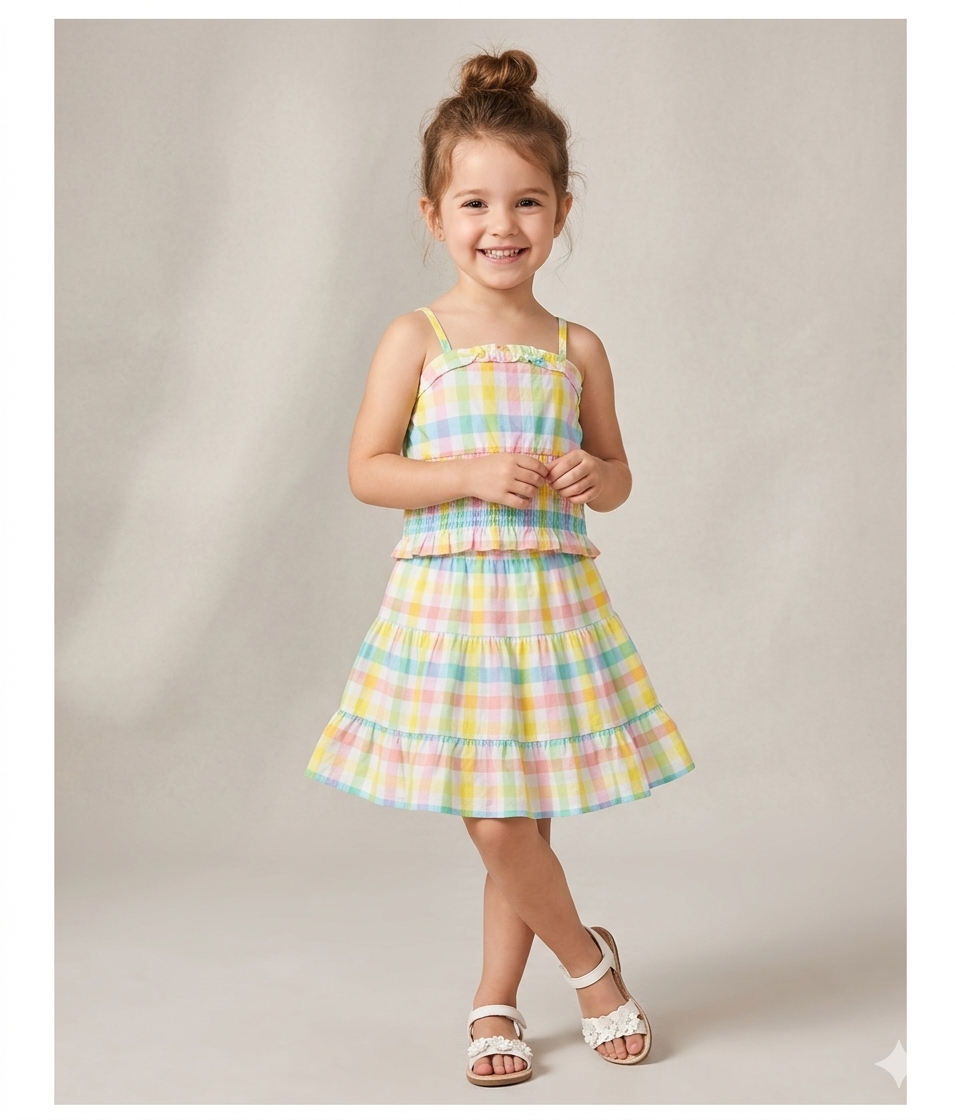 Sweetlime By AS Cotton Checkered Skirt top smoking co-ord set- Multi