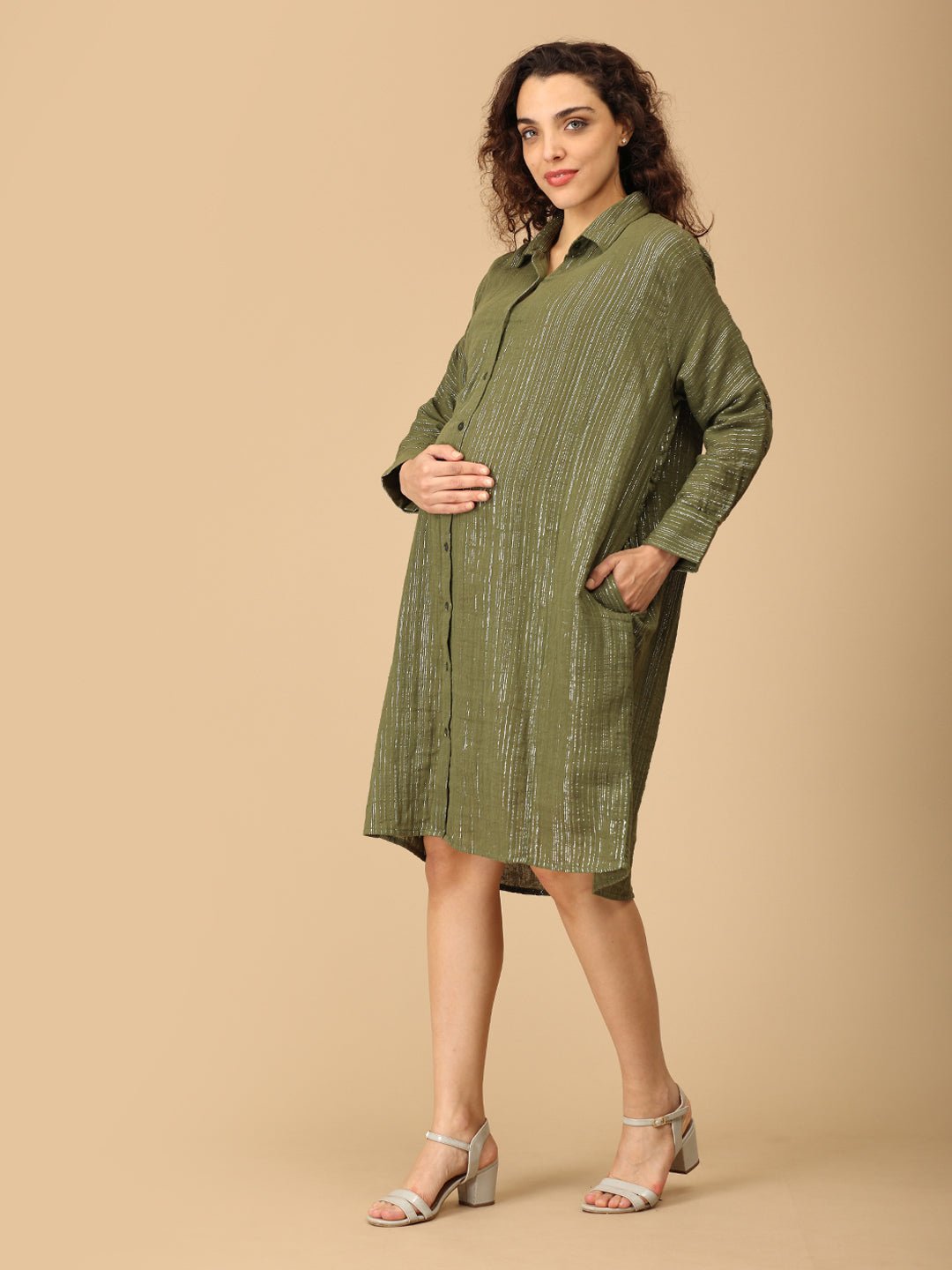 Glam - o - Leaf Maternity and Nursing Oversized Shirt Dress - DRS - SD - GLOLF - S