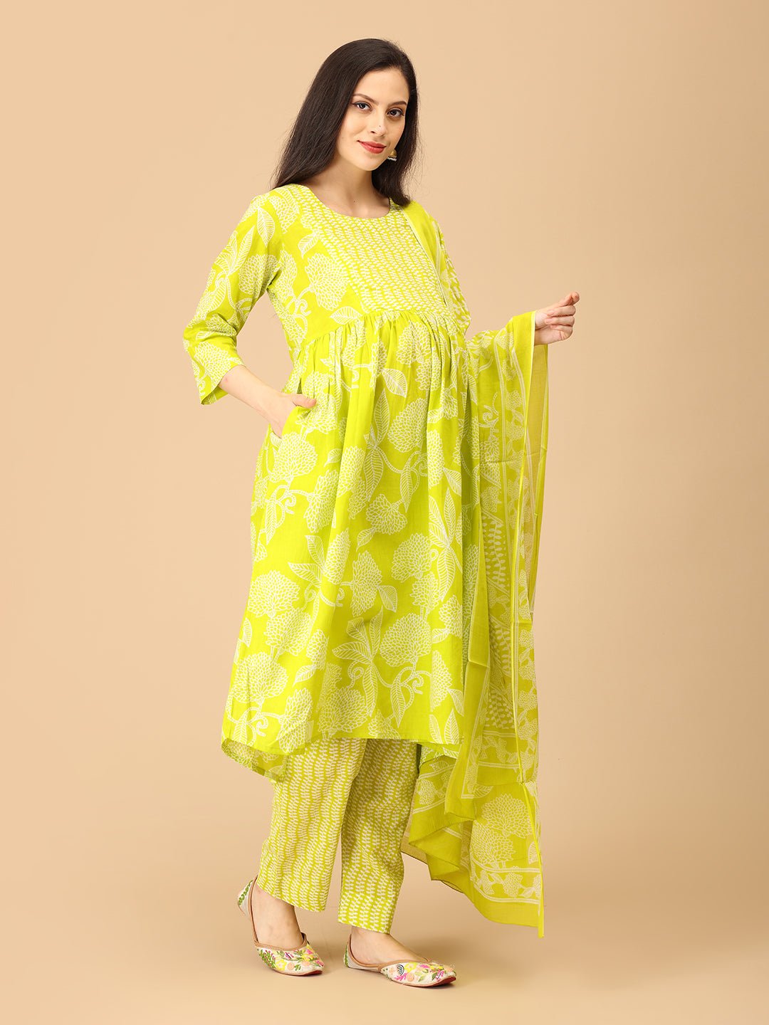 Glow Up Green Mood Maternity and Nursing Kurta Set With Dupatta - MEW - SK - GRNM - S