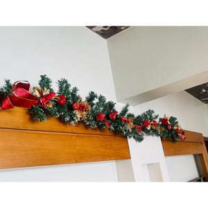 Gold & Red themed Bushy christmas Garland with Pinecones, Cherries and fillers, 6.5 feet - Wreaths, Garlands & Mini Trees