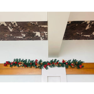 Gold & Red themed Bushy christmas Garland with Pinecones, Cherries and fillers, 6.5 feet - Wreaths, Garlands & Mini Trees
