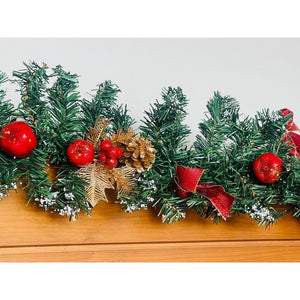 Gold & Red themed Bushy christmas Garland with Pinecones, Cherries and fillers, 6.5 feet - Wreaths, Garlands & Mini Trees