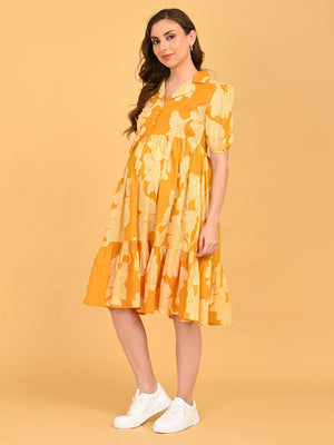 Side pose of Golden Lily Maternity And Nursing Dress highlighting relaxed maternity fit