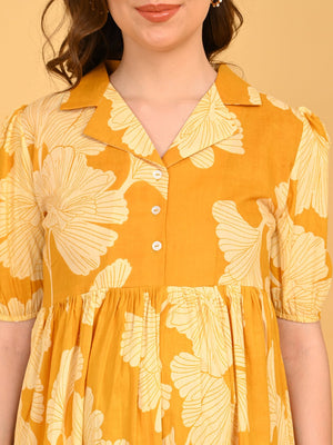 Close-up of Golden Lily Maternity And Nursing Dress showing collar and floral print detail