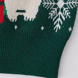 Green 2 Christmas Bears Knitted Christmas cardigan Sweater for Kids - 3 - 4 Years Winter Wear