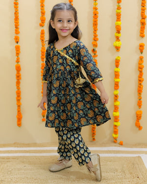 Green Block Print Girls Anarkali Pajama Set