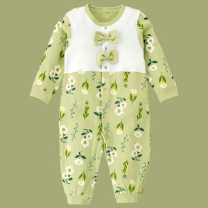Green Bow & Florals full sleeves jumpsuit style Romper for Tiny Toddlers - 3 - 6 Months Kids Clothing