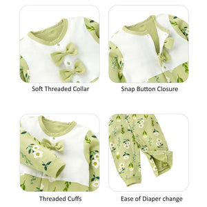 Green Bow & Florals full sleeves jumpsuit style Romper for Tiny Toddlers - 3 - 6 Months Kids Clothing