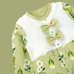 Green Bow & Florals full sleeves jumpsuit style Romper for Tiny Toddlers - 3 - 6 Months Kids Clothing