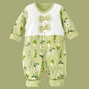 Green Bow & Florals full sleeves jumpsuit style Romper for Tiny Toddlers - 3 - 6 Months Kids Clothing