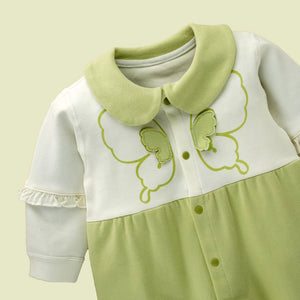 Green & Cream Butterfly full sleeves jumpsuit style Romper for Tiny Toddlers - 6 - 12 Months Kids Clothing