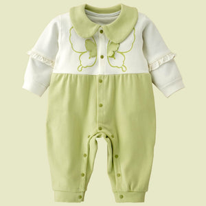 Green & Cream Butterfly full sleeves jumpsuit style Romper for Tiny Toddlers - 6 - 12 Months Kids Clothing