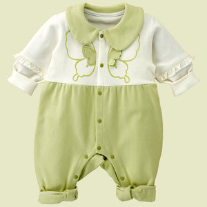 Green & Cream Butterfly full sleeves jumpsuit style Romper for Tiny Toddlers - 6 - 12 Months Kids Clothing