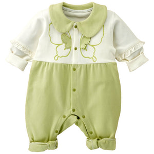 Green & Cream Butterfly full sleeves jumpsuit style Romper for Tiny Toddlers - 6 - 12 Months Kids Clothing