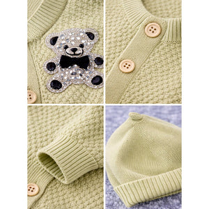 Green Diamond Teddy Full Sleeves Jumpsuit Romper with Cap for Tiny Toddlers - 3 - 6 Months Winter Wear