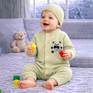 Green Diamond Teddy Full Sleeves Jumpsuit Romper with Cap for Tiny Toddlers - 3 - 6 Months Winter Wear