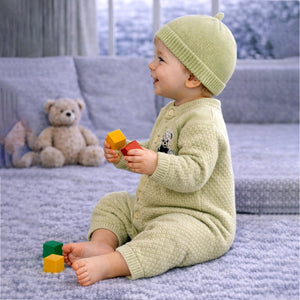 Green Diamond Teddy Full Sleeves Jumpsuit Romper with Cap for Tiny Toddlers - 3 - 6 Months Winter Wear