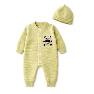 Green Diamond Teddy Full Sleeves Jumpsuit Romper with Cap for Tiny Toddlers - 3 - 6 Months Winter Wear