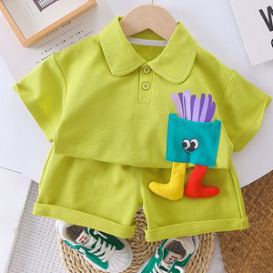 Green French Fries Themed 2 Pcs Shorts Set For Toddlers And Kids - 2 - 3 Years Kids Clothing