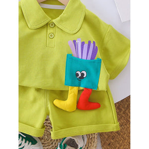 Green French Fries Themed 2 Pcs Shorts Set For Toddlers And Kids - 2 - 3 Years Kids Clothing