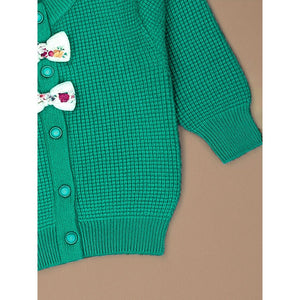 Green Knited Dual Bow kids Cardigan, Sweater for Winter & Christmas - 2 - 3 Years Winter Wear