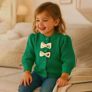 Green Knited Dual Bow kids Cardigan, Sweater for Winter & Christmas - 2 - 3 Years Winter Wear