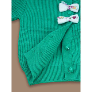 Green Knited Dual Bow kids Cardigan, Sweater for Winter & Christmas - 2 - 3 Years Winter Wear